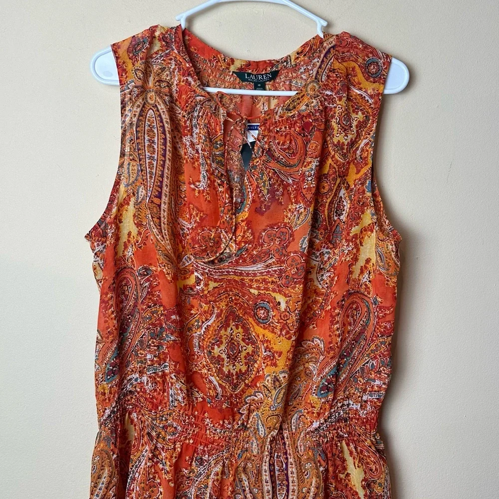 Lauren Ralph Lauren Split Neck Sheer Sleeveless Paisley Blouson Beach Dress 16 - Picture 3 of 11